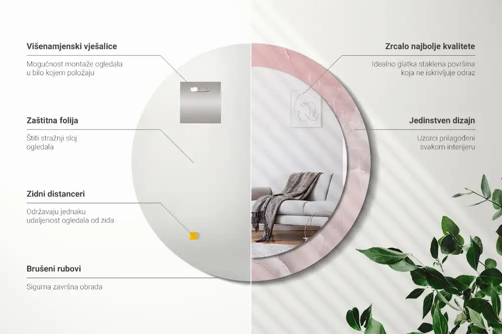Oglindă rotundă decorativă de perete cu aspect de piatră roz