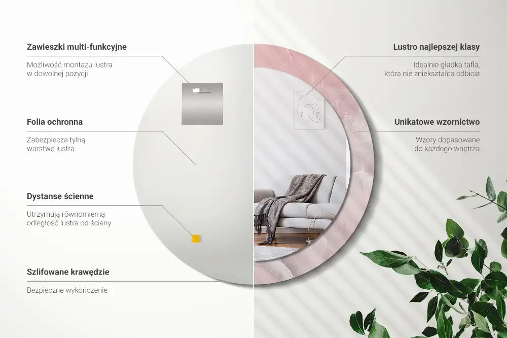 Oglindă rotundă decorativă de perete cu aspect de piatră roz