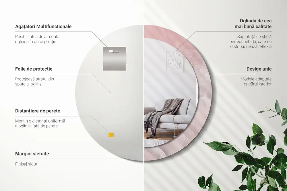 Oglindă rotundă decorativă de perete cu aspect de piatră roz