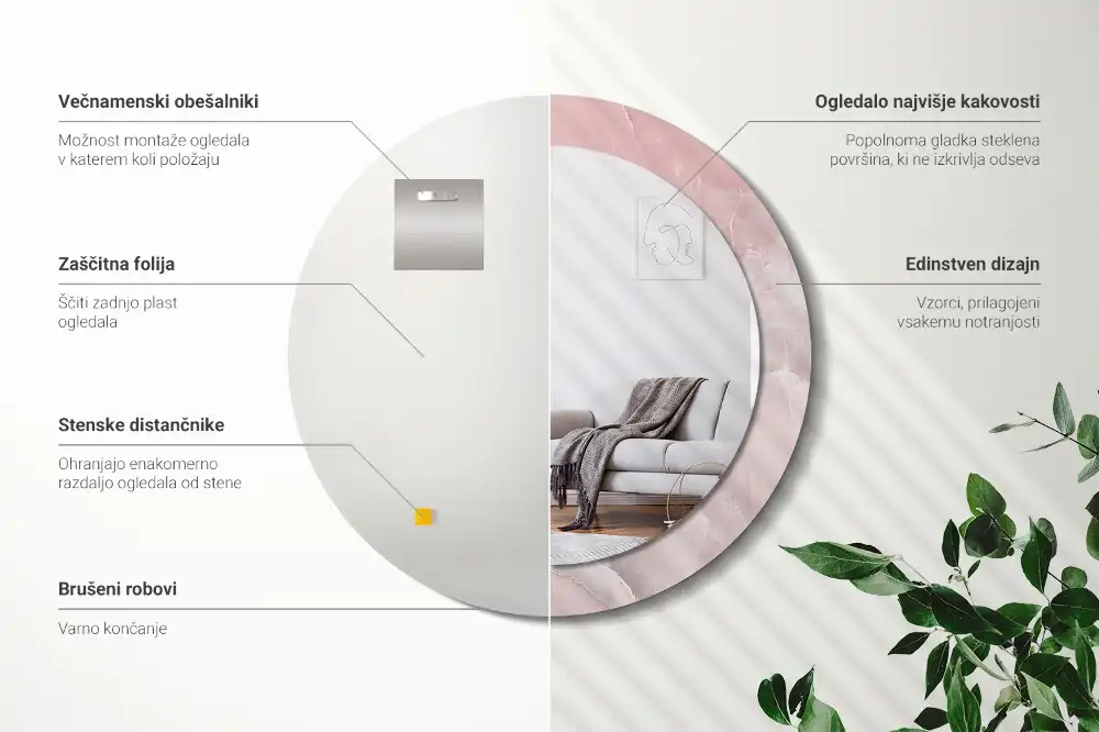 Oglindă rotundă decorativă de perete cu aspect de piatră roz
