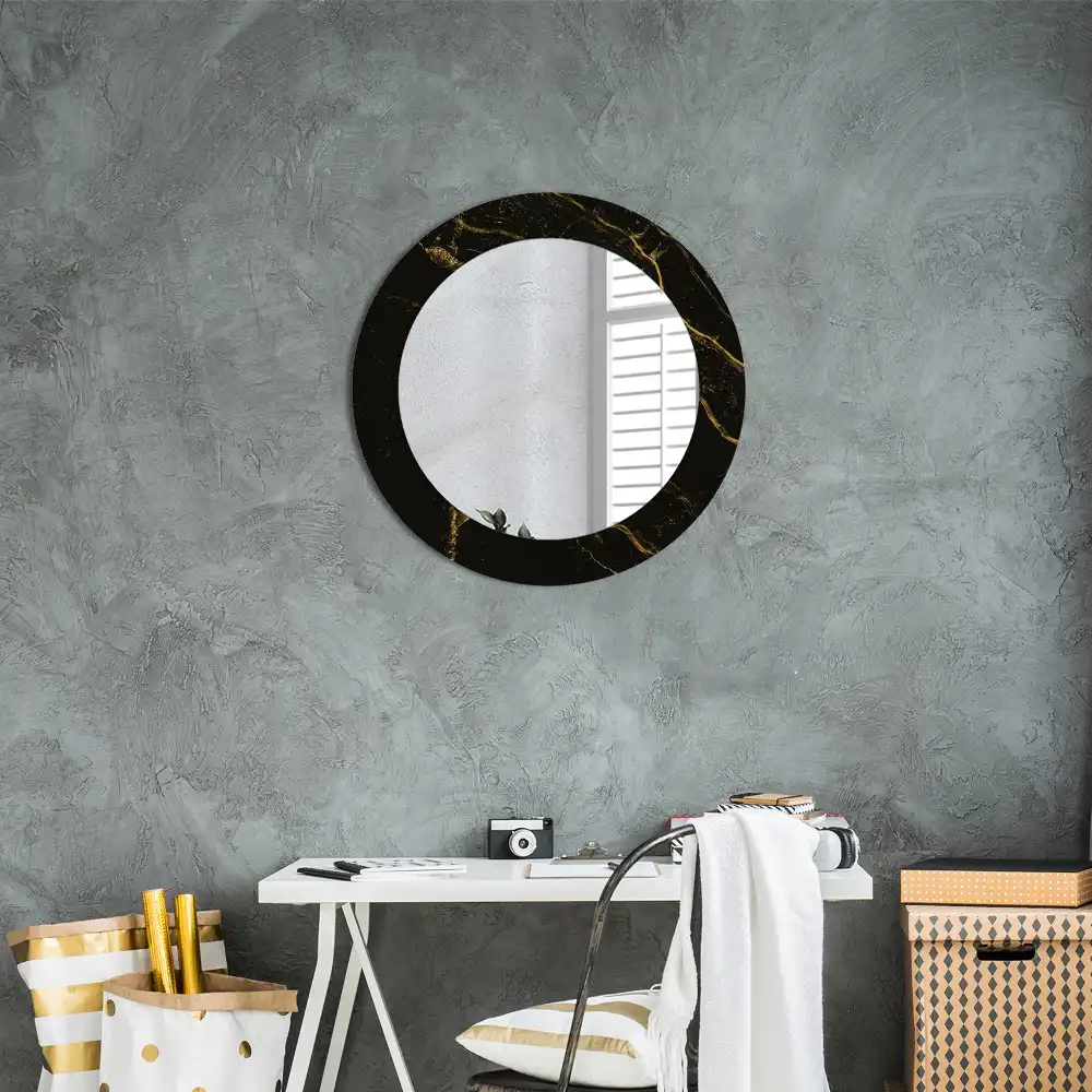 Oglindă rotundă de perete cu decor din marmură neagră