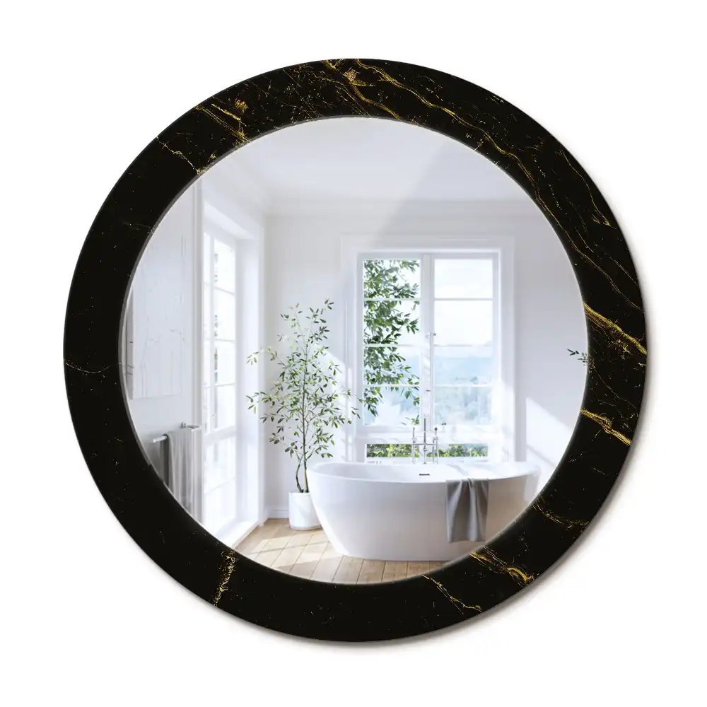 Oglindă rotundă de perete cu decor din marmură neagră