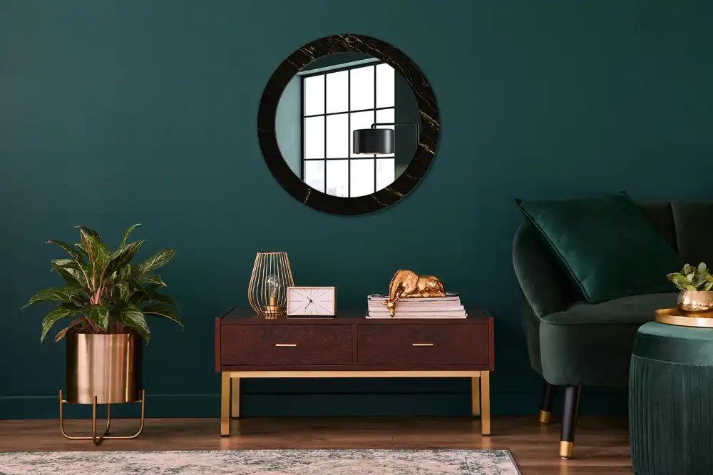 Oglindă rotundă de perete cu decor din marmură neagră