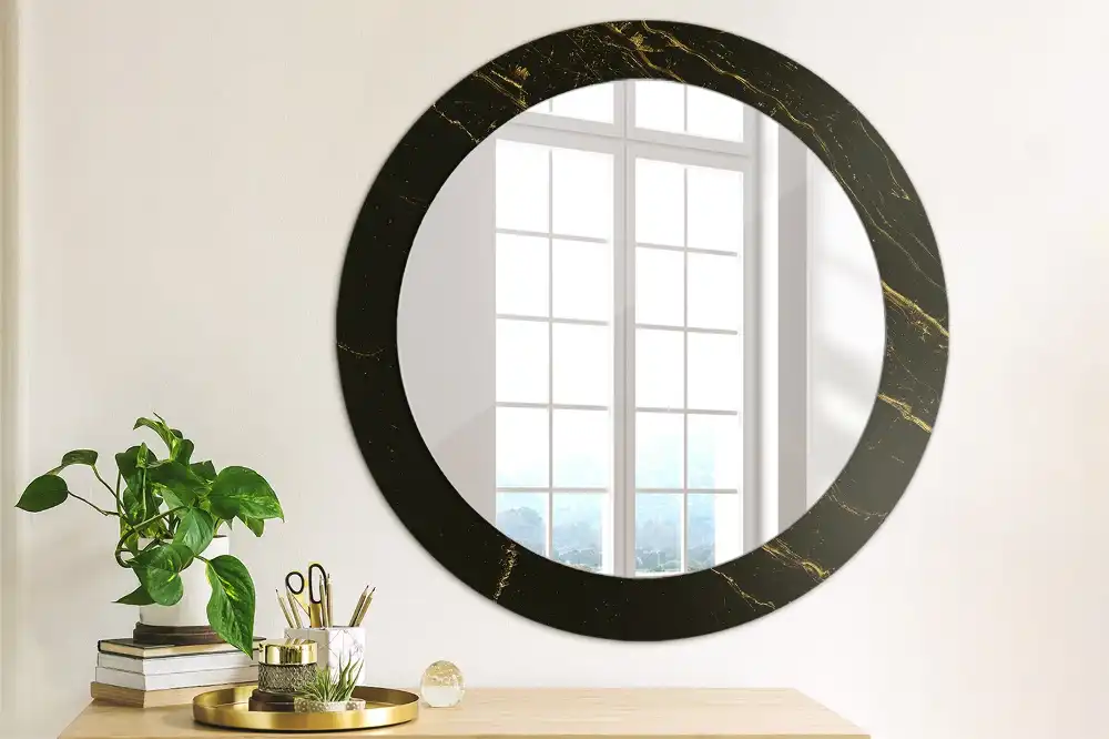 Oglindă rotundă de perete cu decor din marmură neagră