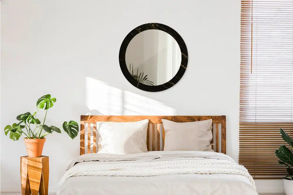 Oglindă rotundă de perete cu decor din marmură neagră