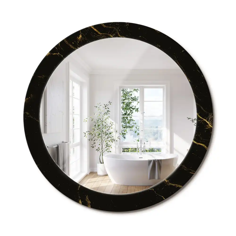 Oglindă rotundă de perete cu decor din marmură neagră