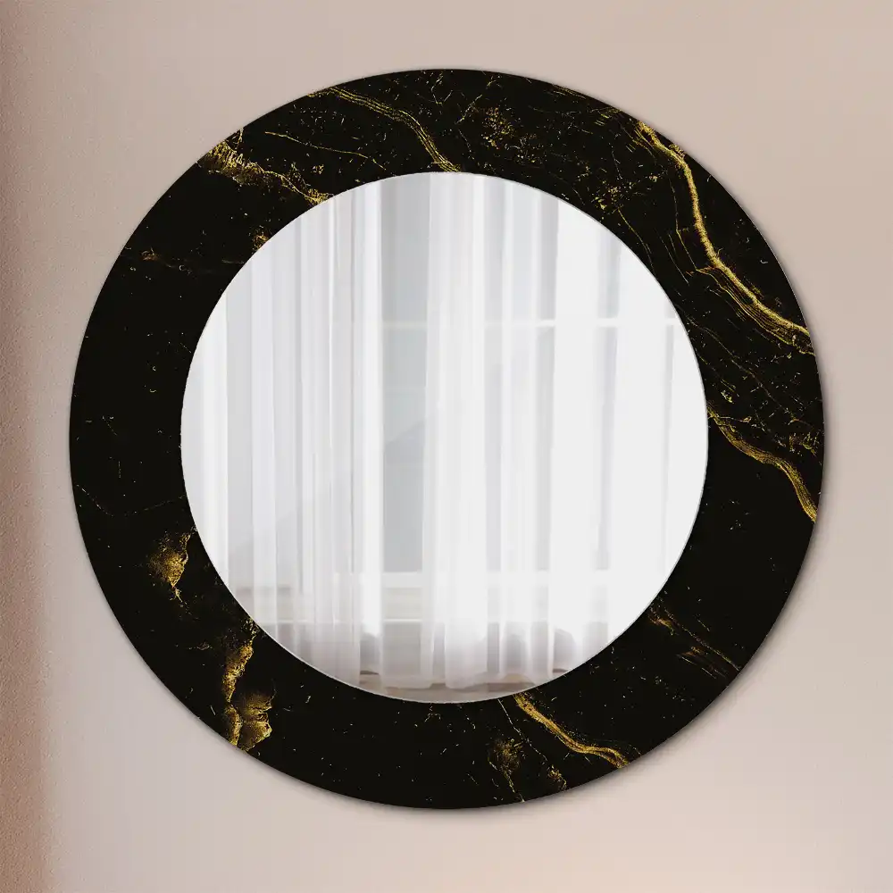 Oglindă rotundă de perete cu decor din marmură neagră