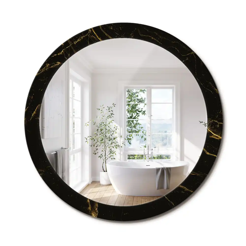 Oglindă rotundă de perete cu decor din marmură neagră