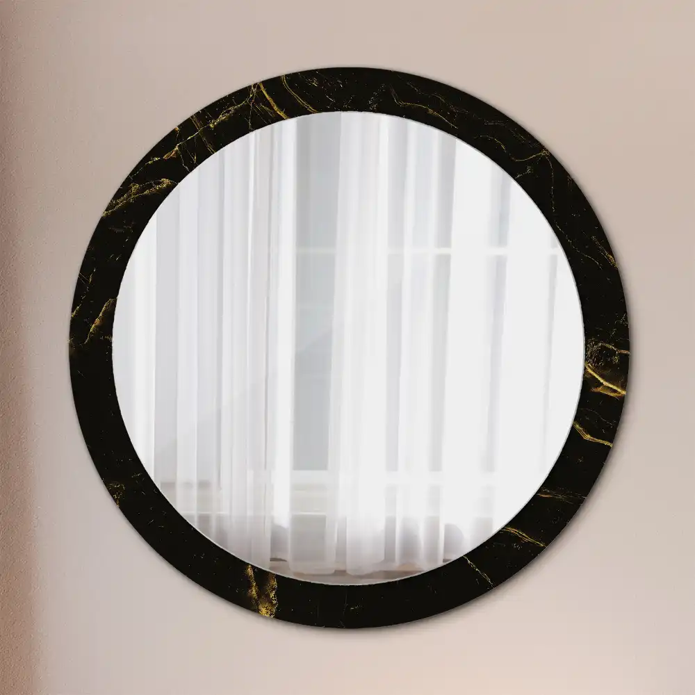 Oglindă rotundă de perete cu decor din marmură neagră