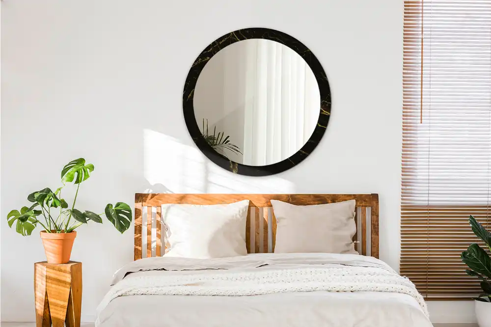 Oglindă rotundă de perete cu decor din marmură neagră