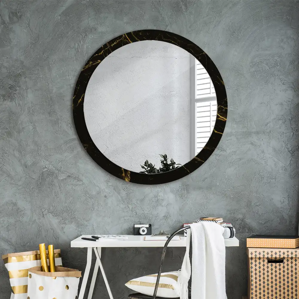 Oglindă rotundă de perete cu decor din marmură neagră