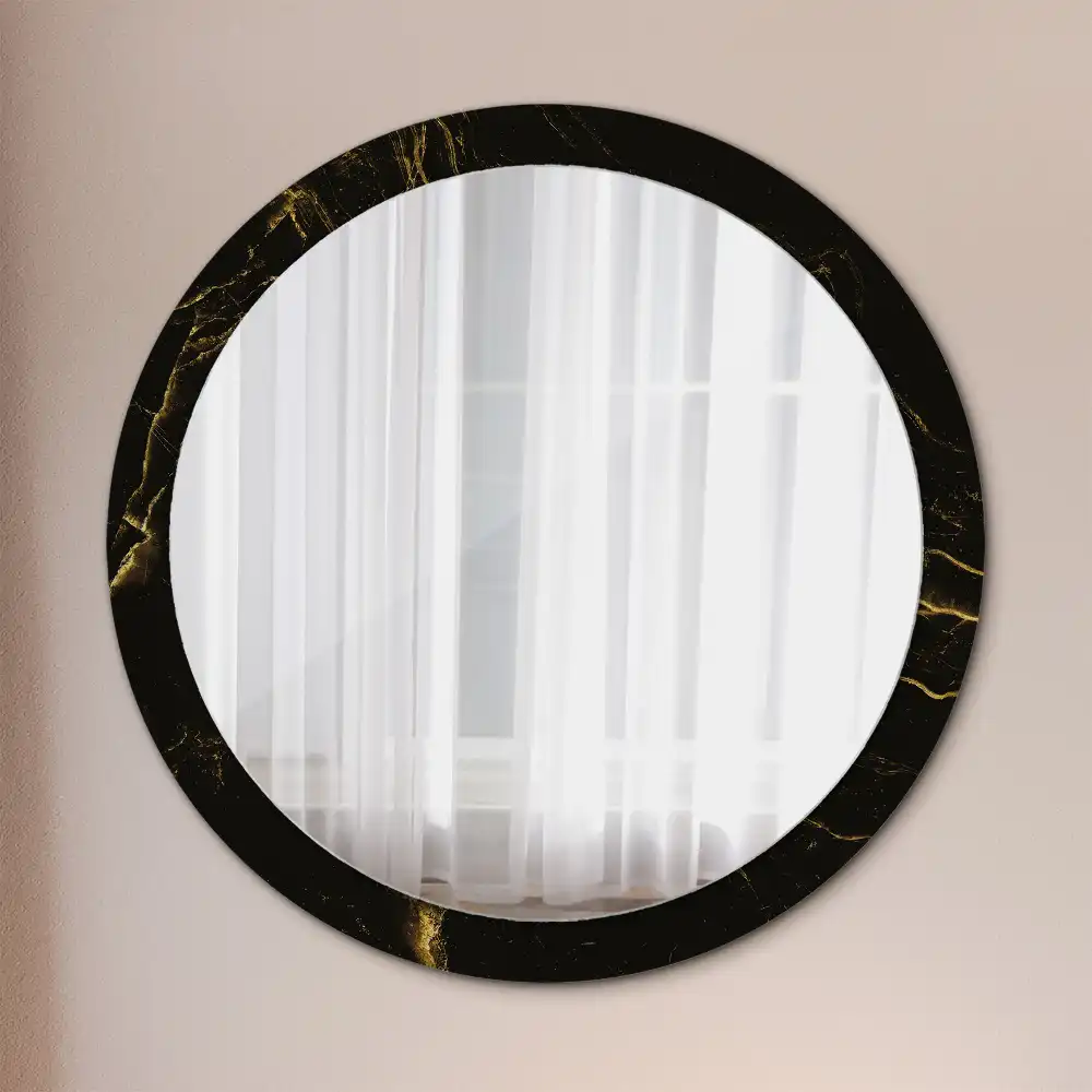 Oglindă rotundă de perete cu decor din marmură neagră