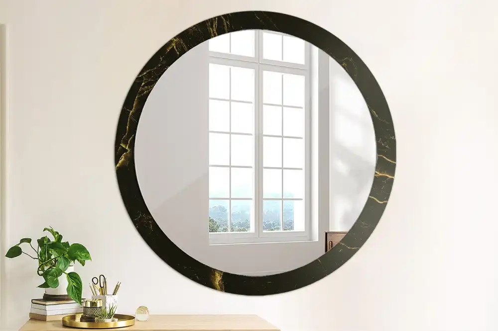 Oglindă rotundă de perete cu decor din marmură neagră