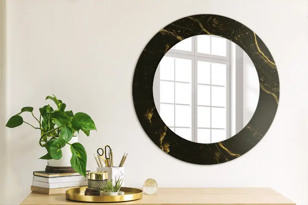 Oglindă rotundă de perete cu decor din marmură neagră