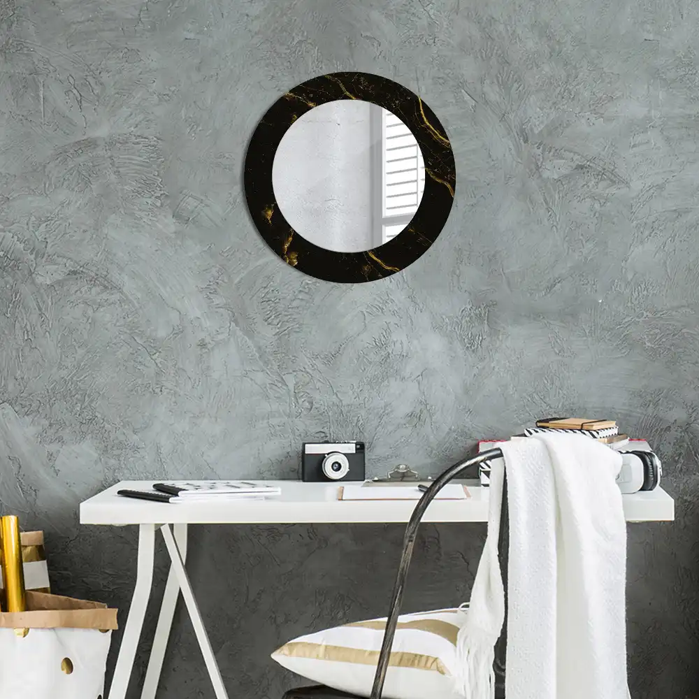 Oglindă rotundă de perete cu decor din marmură neagră