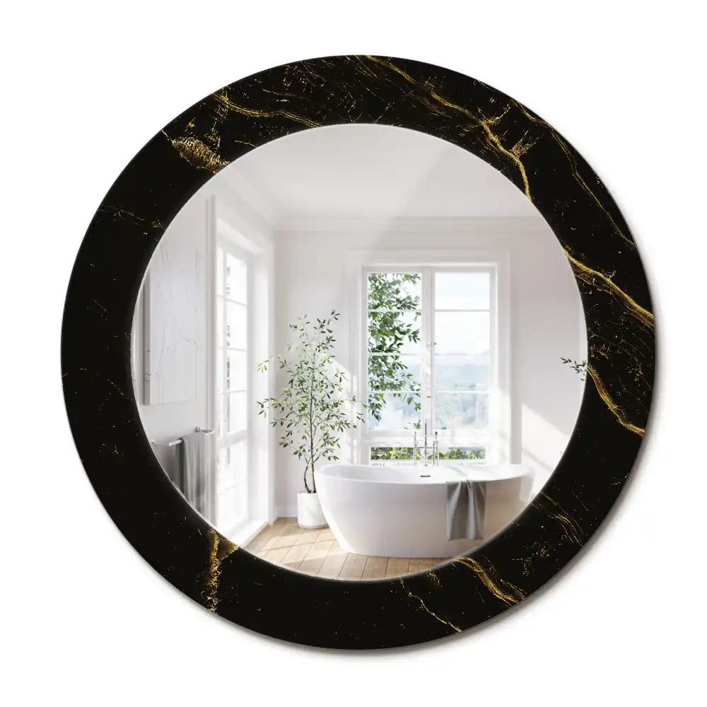 Oglindă rotundă de perete cu decor din marmură neagră