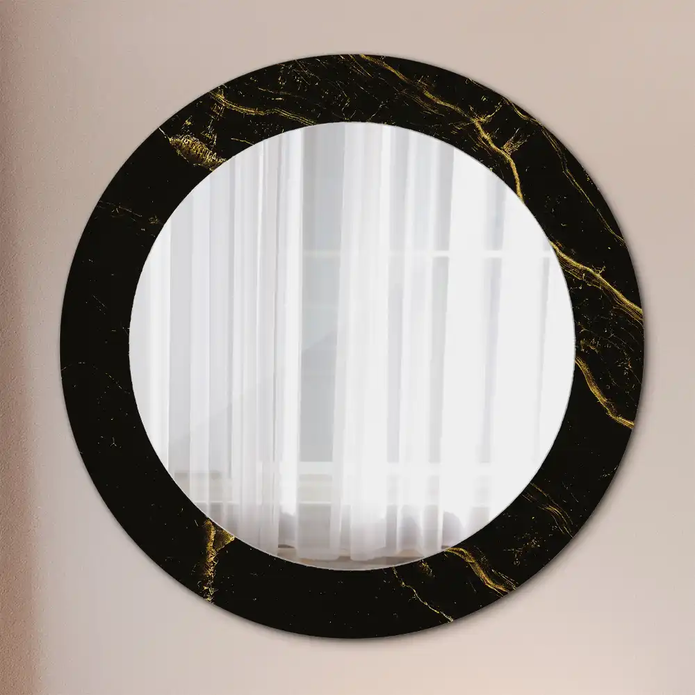 Oglindă rotundă de perete cu decor din marmură neagră