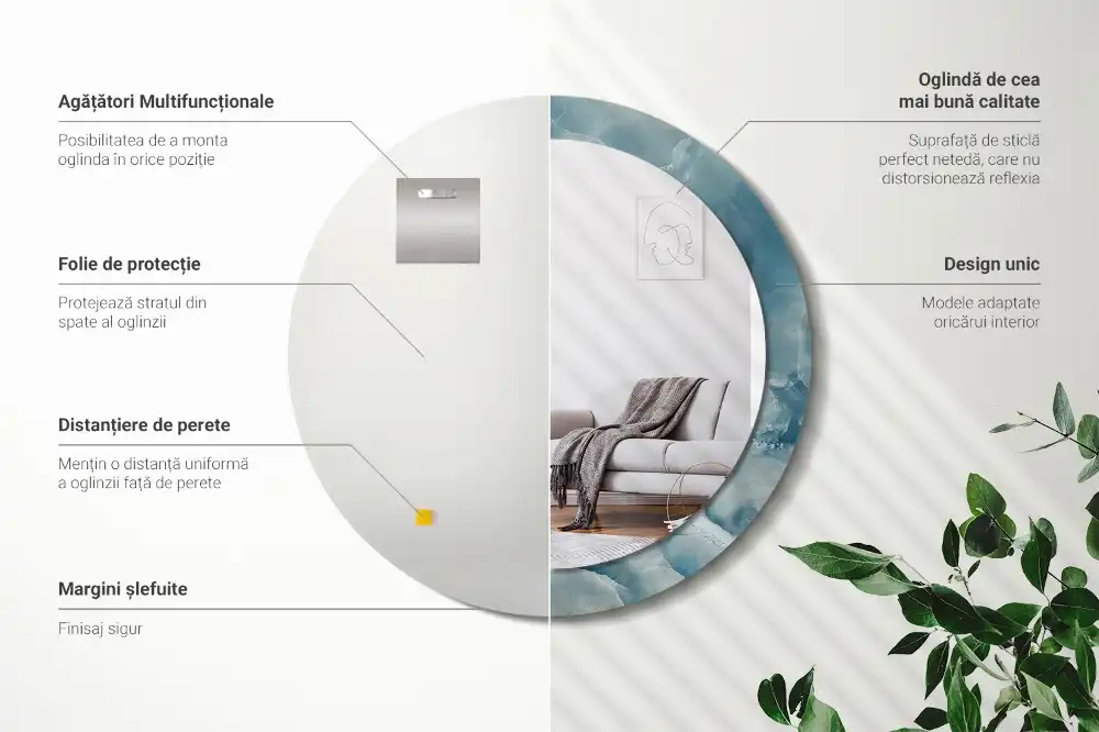 Oglindă rotundă decorativă din marmură onix albastră