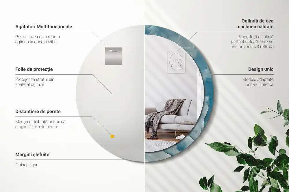 Oglindă rotundă decorativă din marmură onix albastră