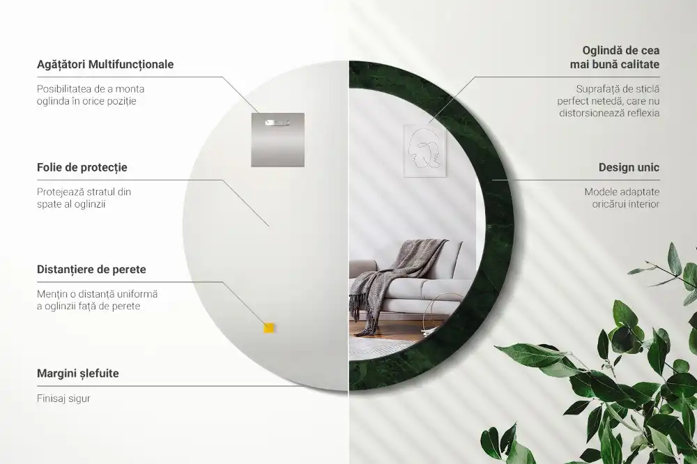 Oglindă rotundă cu ramă cu imprimeu de marmură verde