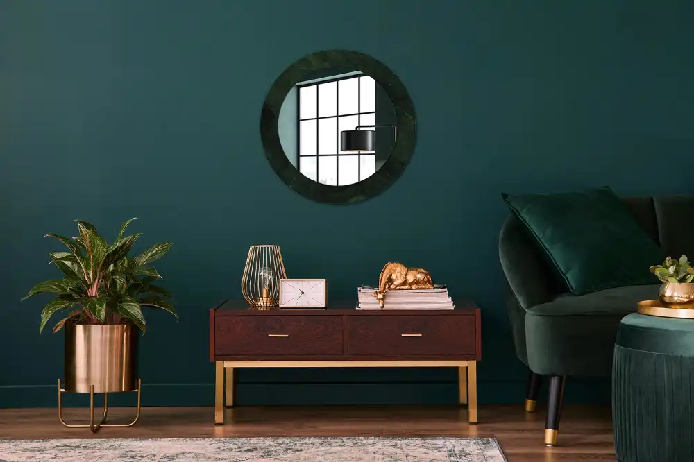 Oglindă rotundă cu ramă cu imprimeu de marmură verde