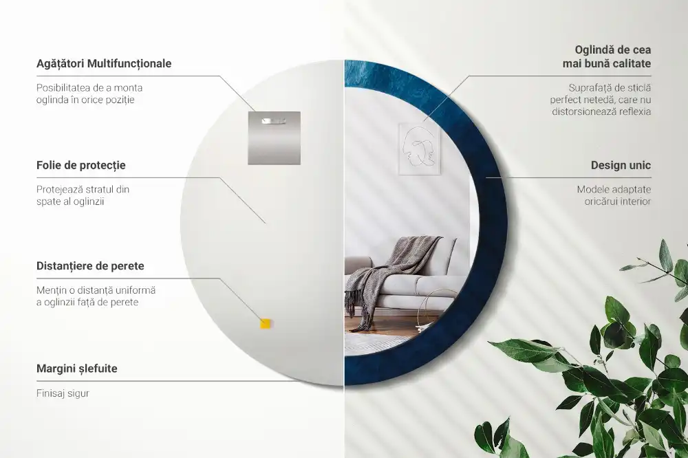 Oglindă rotundă decorativă cu design de artă abstractă pentru perete