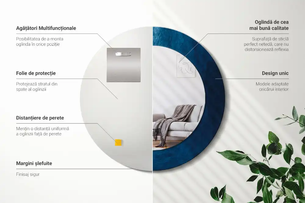 Oglindă rotundă decorativă cu design de artă abstractă pentru perete