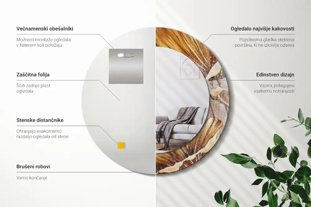 Oglindă rotundă cu imprimeu cu frunze stil boho