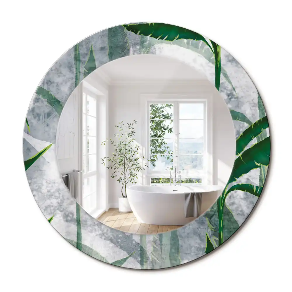 Oglindă rotundă decorativă cu model de frunze tropicale