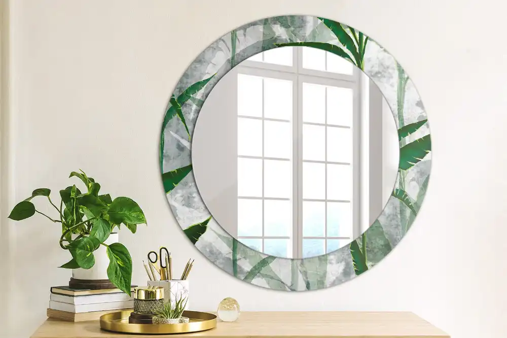 Oglindă rotundă decorativă cu model de frunze tropicale