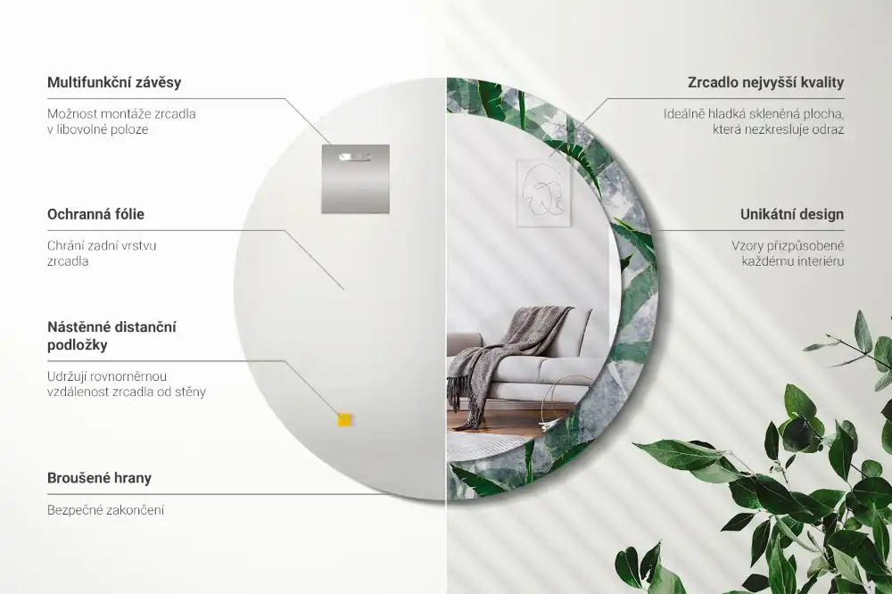 Oglindă rotundă decorativă cu model de frunze tropicale