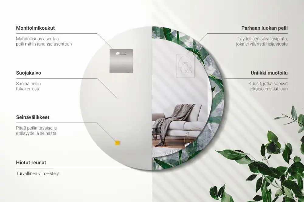 Oglindă rotundă decorativă cu model de frunze tropicale