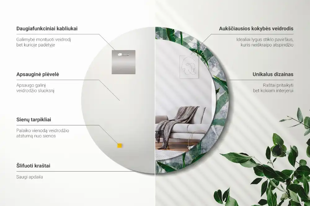 Oglindă rotundă decorativă cu model de frunze tropicale