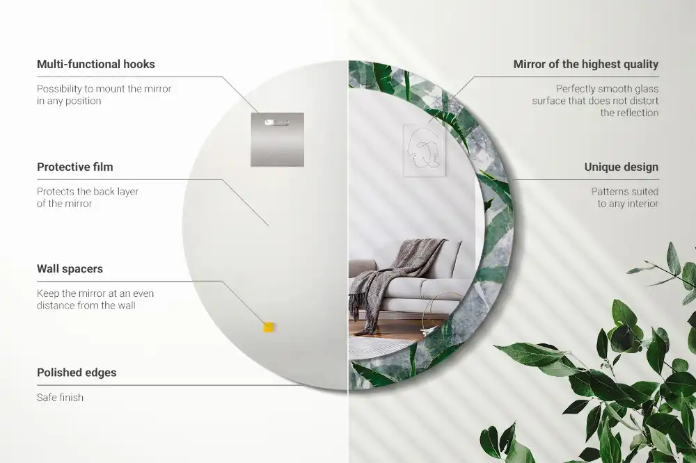 Oglindă rotundă decorativă cu model de frunze tropicale
