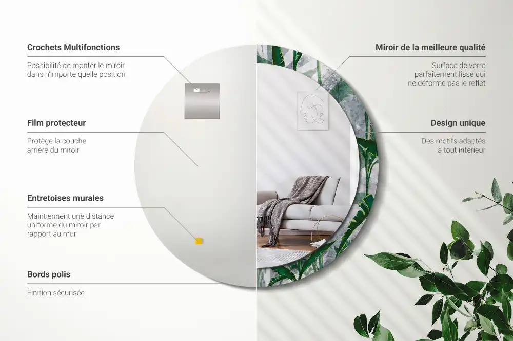 Oglindă rotundă decorativă cu model de frunze tropicale