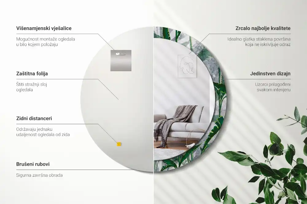 Oglindă rotundă decorativă cu model de frunze tropicale