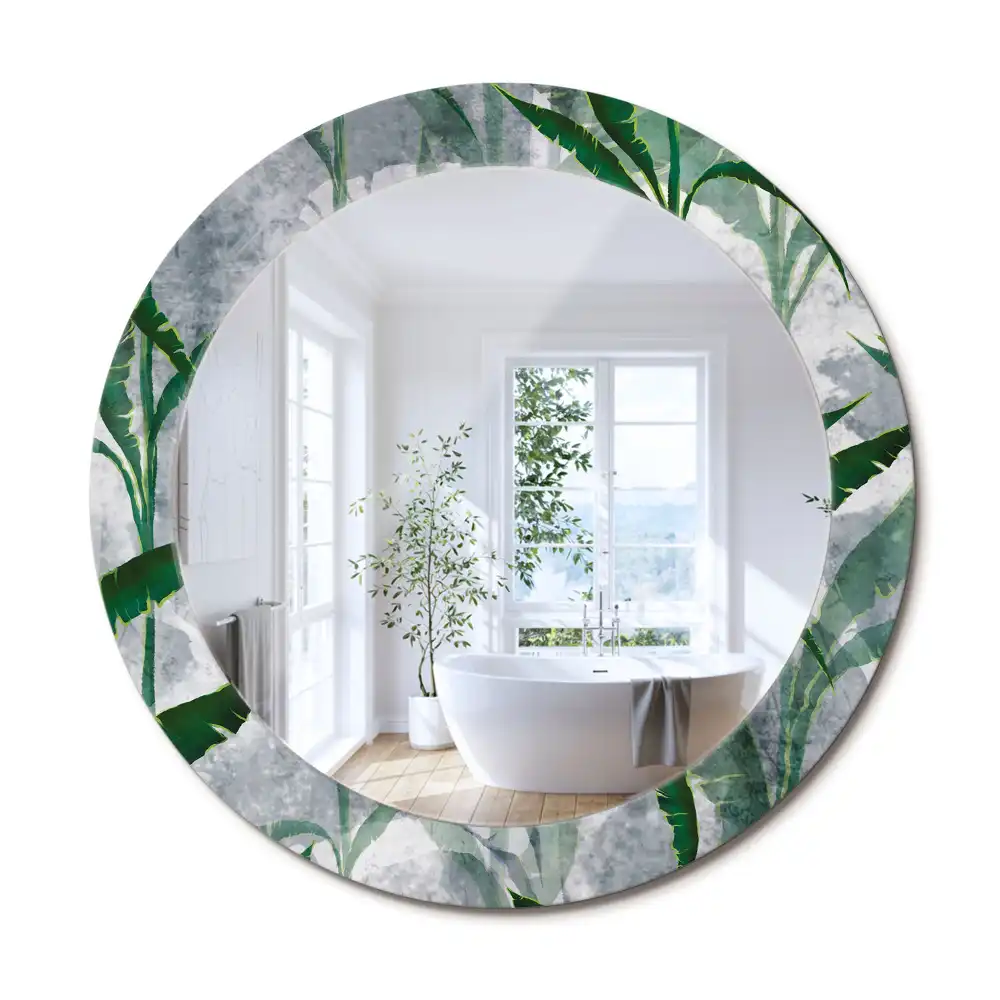 Oglindă rotundă decorativă cu model de frunze tropicale