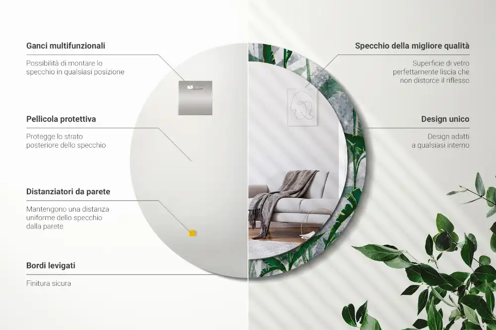 Oglindă rotundă decorativă cu model de frunze tropicale