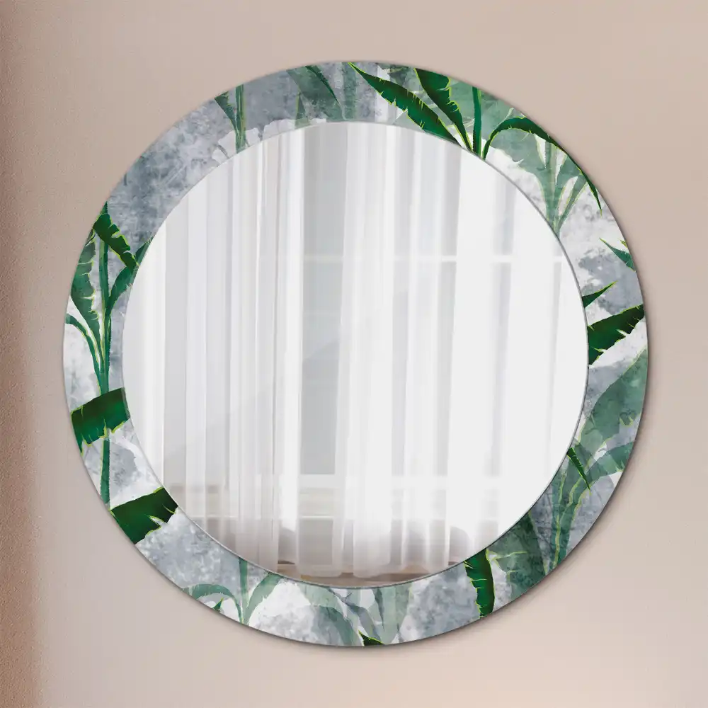 Oglindă rotundă decorativă cu model de frunze tropicale
