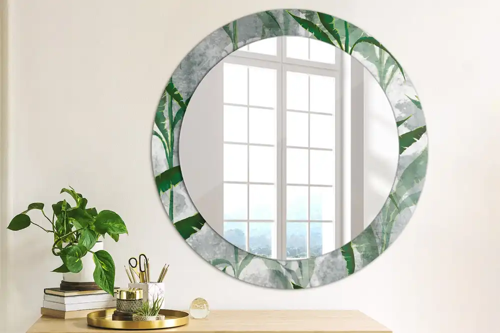 Oglindă rotundă decorativă cu model de frunze tropicale