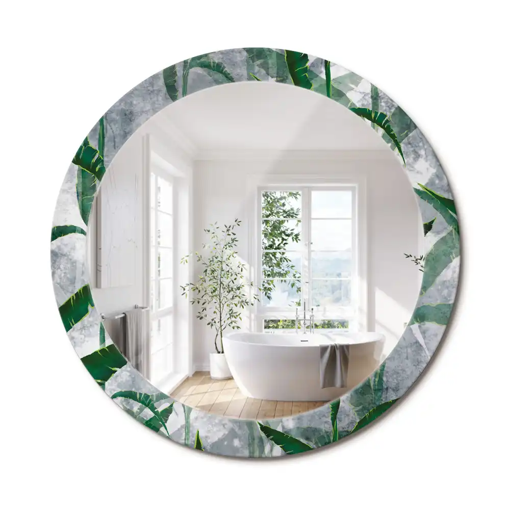 Oglindă rotundă decorativă cu model de frunze tropicale