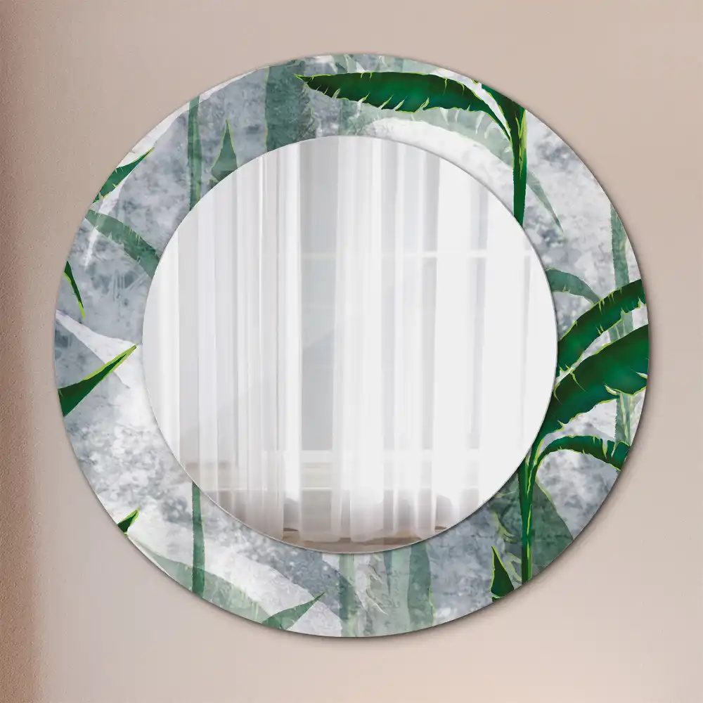Oglindă rotundă decorativă cu model de frunze tropicale