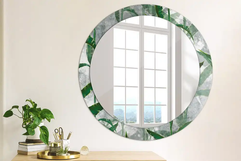 Oglindă rotundă decorativă cu model de frunze tropicale