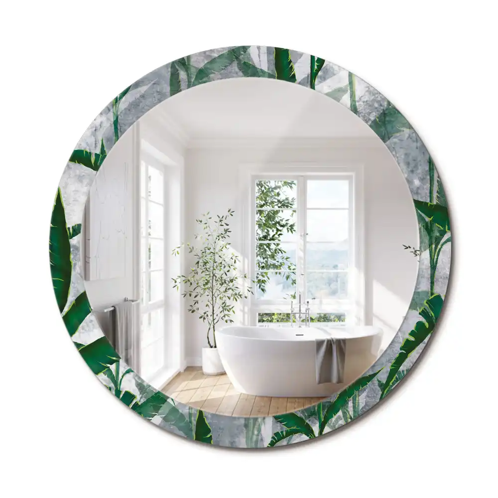 Oglindă rotundă decorativă cu model de frunze tropicale