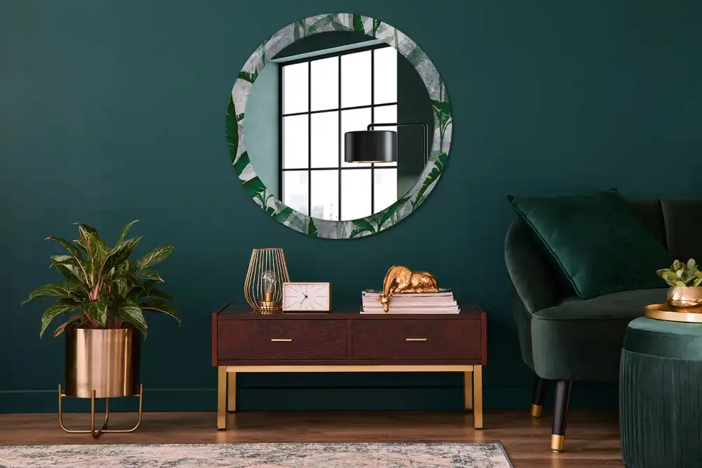 Oglindă rotundă decorativă cu model de frunze tropicale
