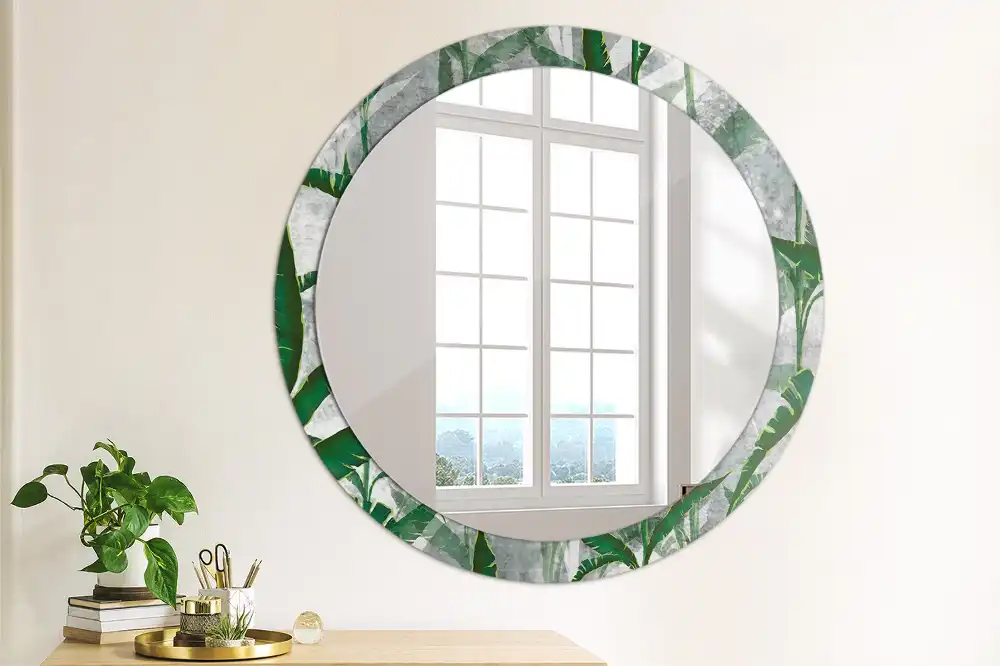 Oglindă rotundă decorativă cu model de frunze tropicale