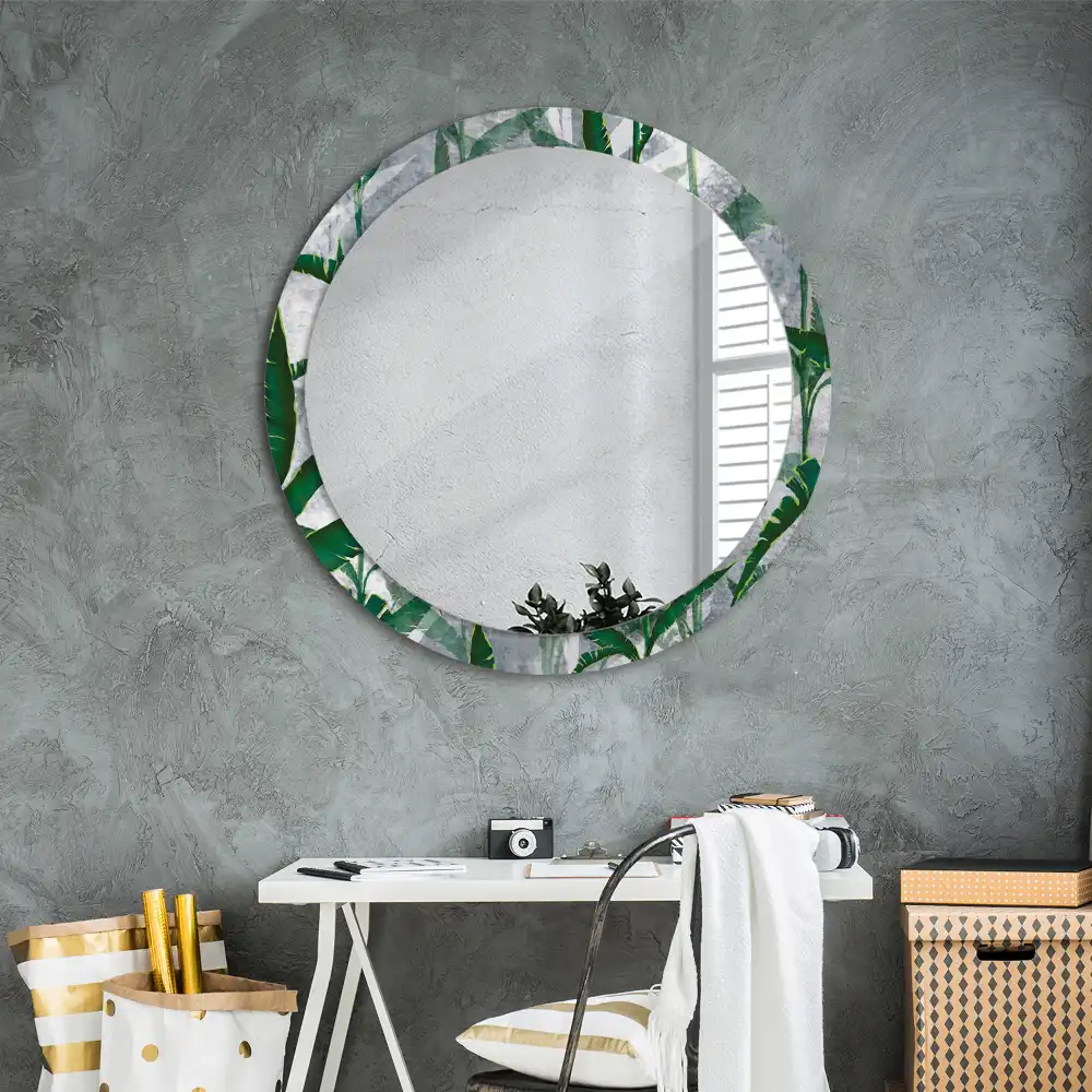 Oglindă rotundă decorativă cu model de frunze tropicale