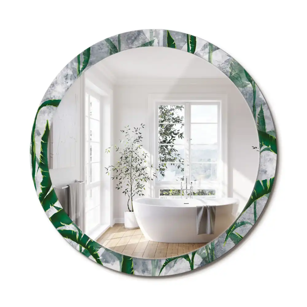 Oglindă rotundă decorativă cu model de frunze tropicale