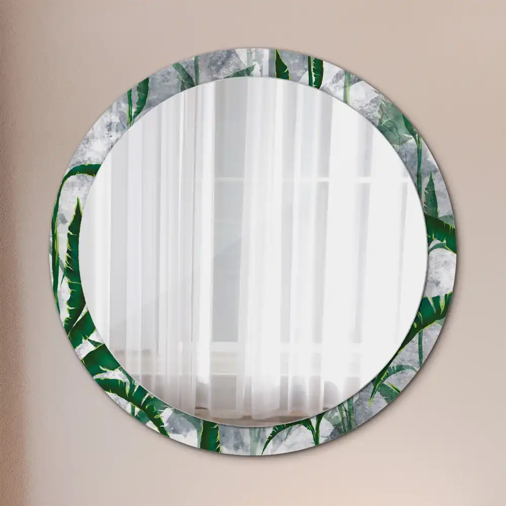 Oglindă rotundă decorativă cu model de frunze tropicale