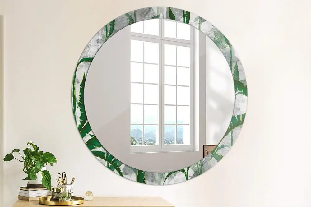 Oglindă rotundă decorativă cu model de frunze tropicale